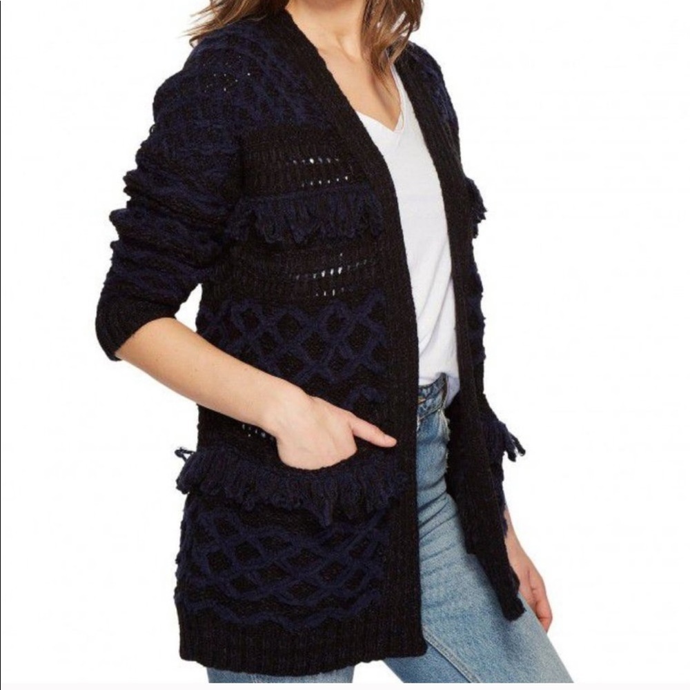 Lucky Brand Chunky Stevie Boho Fringe Navy Blue Long Knit Cardigan XS